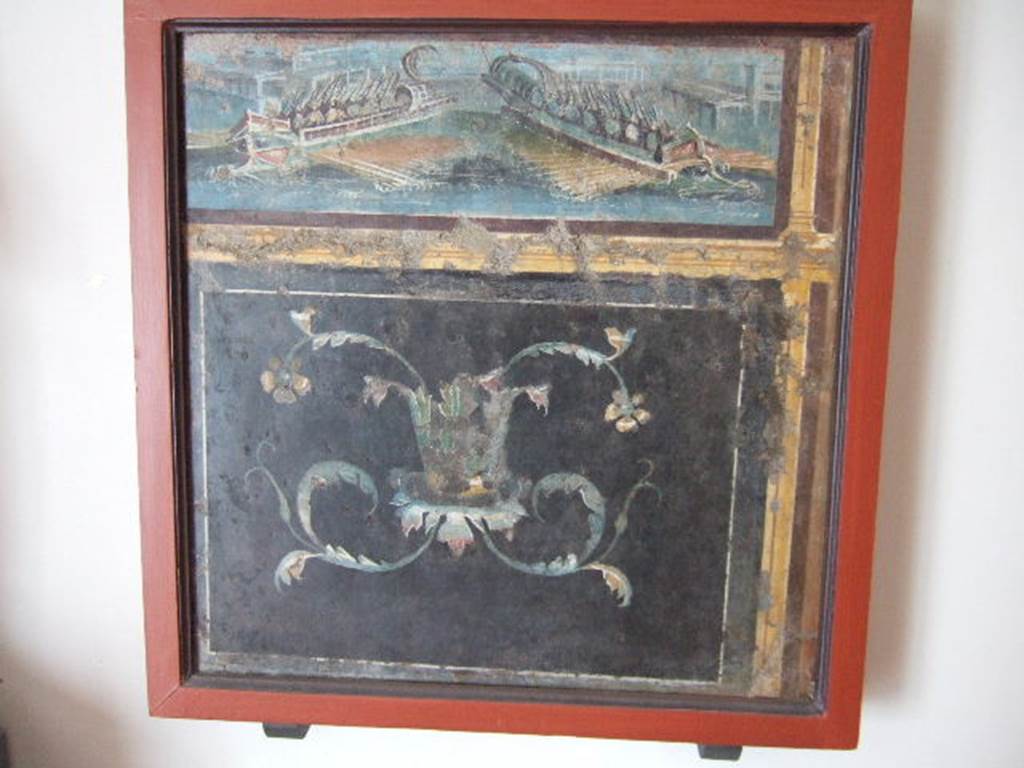 VIII.7.28 Pompeii. Naval scene. Found on feature on left part of north wall. 
Now in Naples Archaeological Museum. Inventory number 8554.