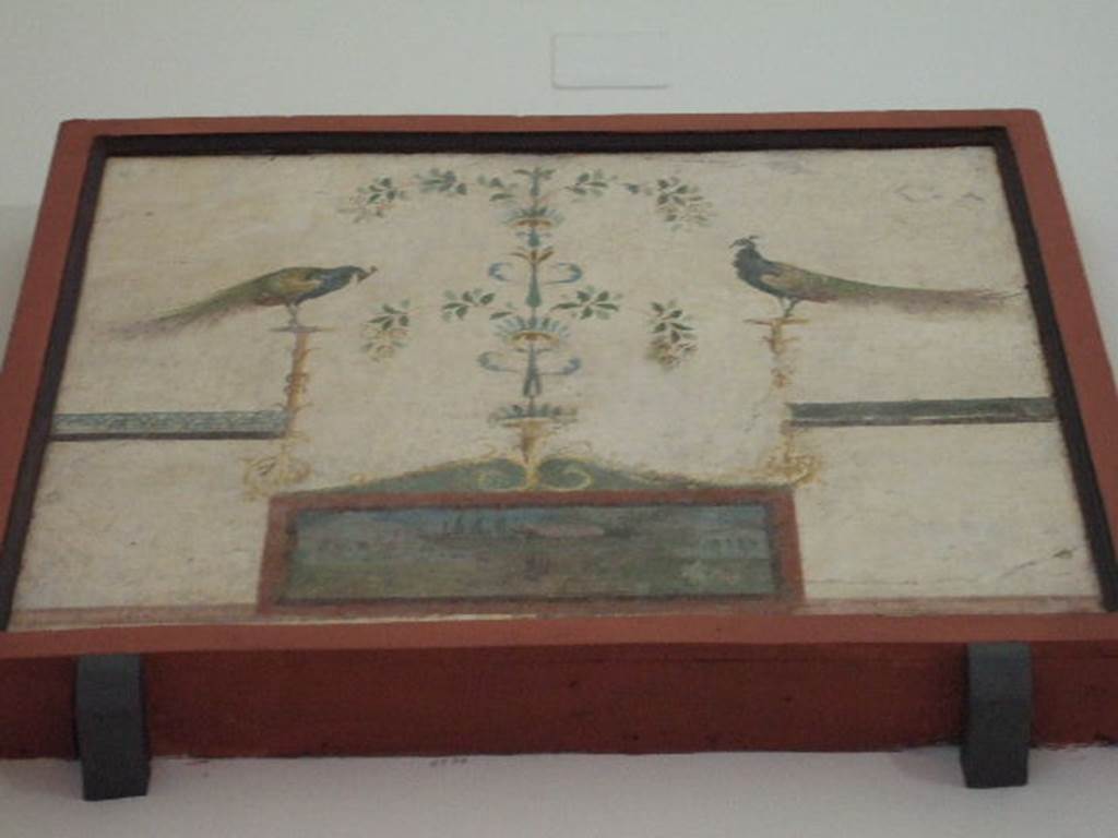 VIII.7.28 Pompeii. North part of the portico. Painting with peacocks, candelabra and landscape. 
Now in Naples Archaeological Museum. Inventory number 8577.