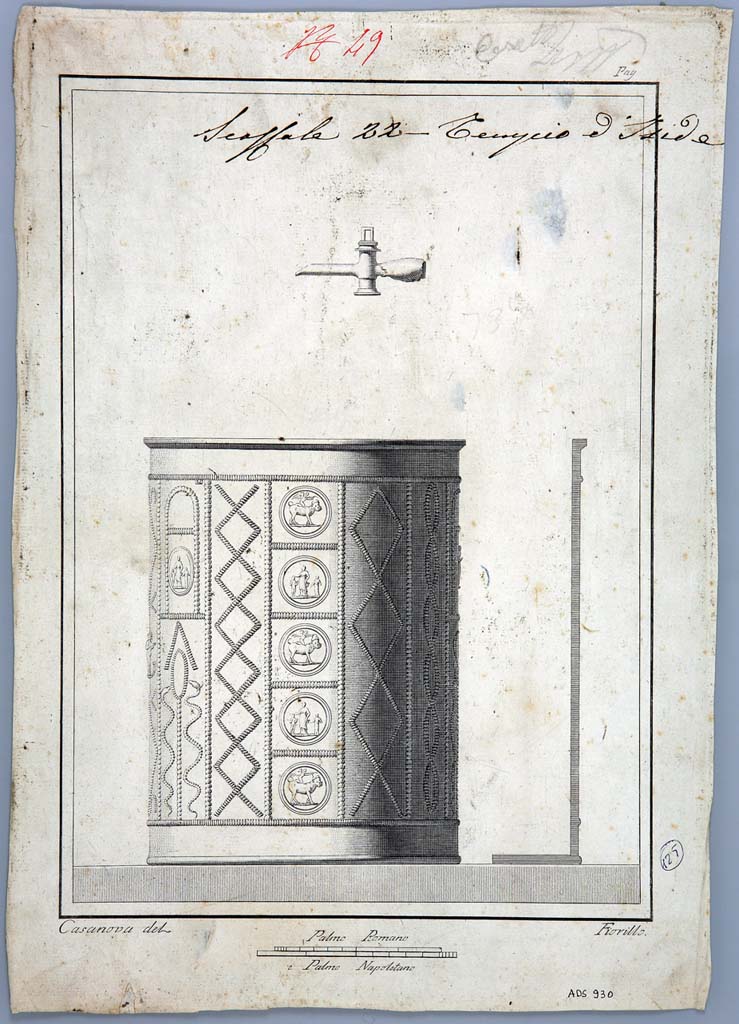 VIII.7.28 Pompeii. Lead water container decorated with themes of Isis. Found in the north-east corner of the portico. 
Drawing by Giovanni Battista Casanova showing reconstruction of pattern.
The engraving depicts a lead cist decorated with medallions with the Isiac triad, man-headed bull, lovebirds and Uraeus (sacred asps) on the sides of a lotus flower.
Now in Naples Archaeological Museum. Inventory number ADS 930.
Photo © ICCD. http://www.catalogo.beniculturali.it
Utilizzabili alle condizioni della licenza Attribuzione - Non commerciale - Condividi allo stesso modo 2.5 Italia (CC BY-NC-SA 2.5 IT)