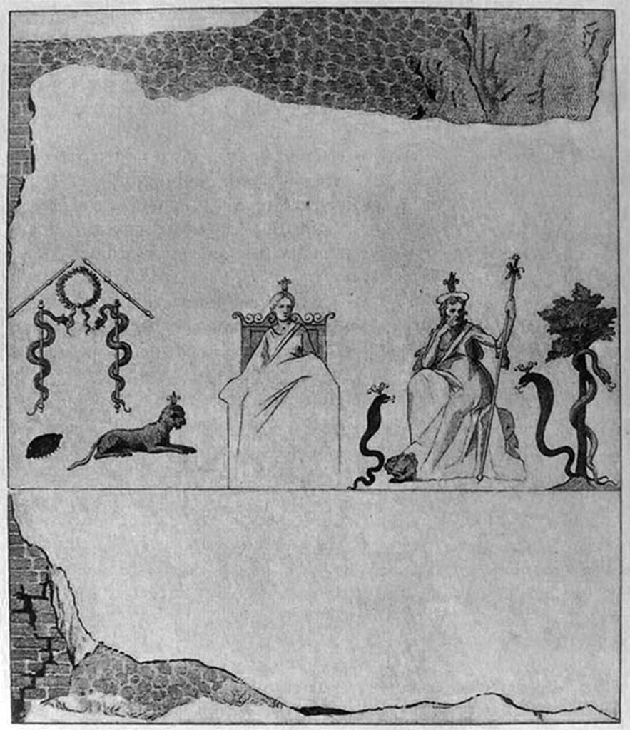 VIII.7.28 Pompeii. Sacrarium west wall as found on 9th November 1765.
Drawing by Giovanni Battista Casanova and engraved by Nicola Fiorillo.
Isis and Osiris are seated between trees, among symbols such as a scarab, cobras and a lion.
According to PPM, it was already in poor condition, so much so that it was necessary for Canart to fix it with 60 nails.
See Carratelli, G. P., 1990-2003. Pompei: Pitture e Mosaici: Vol. VIII.  Roma: Istituto della enciclopedia Italiana, p. 819. 
Now in Naples Archaeological Museum. Inventory number 351737.
Photo © ICCD. http://www.catalogo.beniculturali.it
Utilizzabili alle condizioni della licenza Attribuzione - Non commerciale - Condividi allo stesso modo 2.5 Italia (CC BY-NC-SA 2.5 IT)