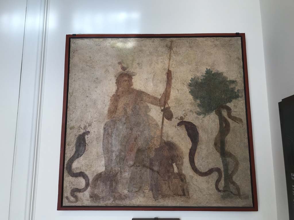 VIII.7.28 Pompeii. April 2019. West wall of sacrarium. Painting of god Osiris on a throne and with cobras. 
Now in Naples Archaeological Museum. Inventory number 8927. Photo courtesy of Rick Bauer.