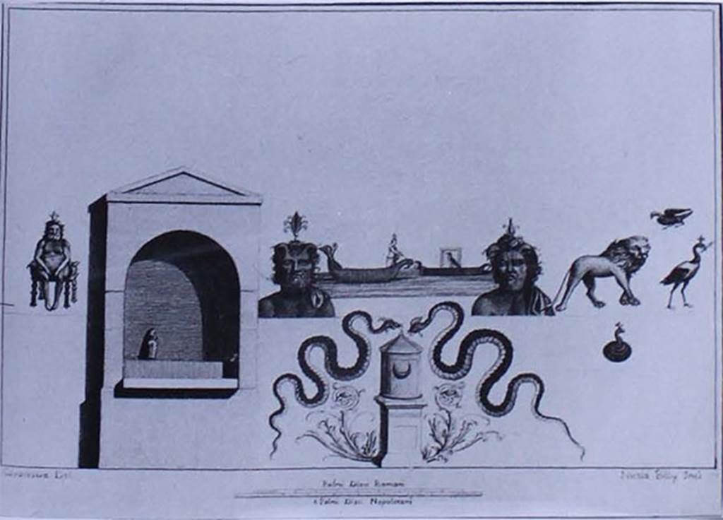 VIII.7.28 Pompeii. 18th century engraving by Giovanni Casanova of north wall of irregular shaped sacred room. 
The decoration is conserved in several parts in Naples Museum.
Now in Naples Archaeological Museum. Inventory number 351779.
Photo © ICCD. https://www.catalogo.beniculturali.it/
Utilizzabili alle condizioni della licenza Attribuzione - Non commerciale - Condividi allo stesso modo 2.5 Italia (CC BY-NC-SA 2.5 IT)
