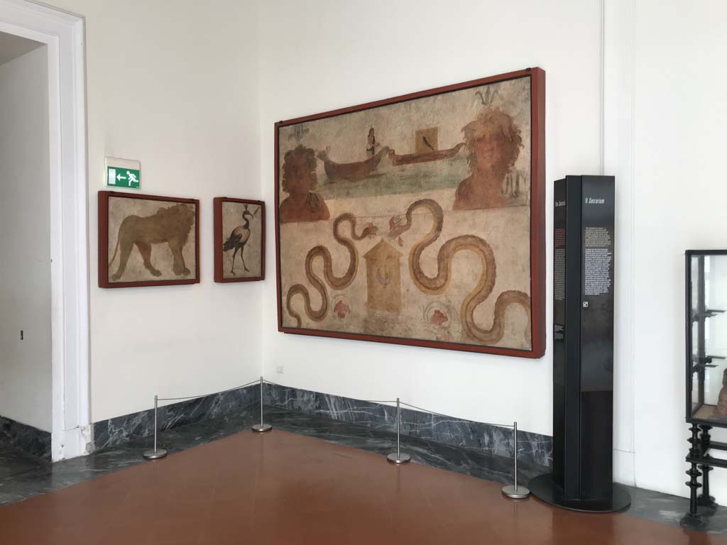 VIII.7.28 Pompeii. April 2019. Arrangement of paintings from north wall of Sacrarium.
Now in Naples Archaeological Museum. Photo courtesy of Rick Bauer.