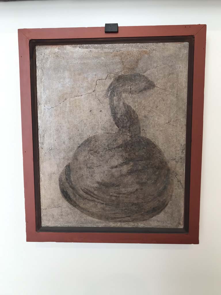 VIII.7.28 Pompeii. April 2019. Lower part of north wall of sacrarium. Painting of sacred cobra. 
Now in Naples Archaeological Museum. Inventory number MDXII. Photo courtesy of Rick Bauer.