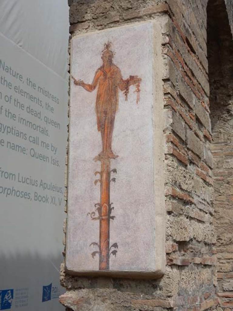 VIII.7.28 Pompeii. May 2017. Reproduction fresco on north wall of second arch from north in the Ekklesiasterion.
Priestess on a candelabrum playing the sistrum with her right hand, and carrying a box decorated with ribbons, in her left.
Now in Naples Archaeological Museum. Inventory number 8926.
Photo courtesy of Buzz Ferebee.