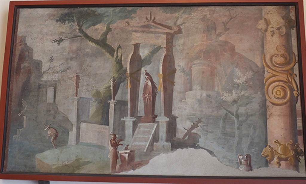 VIII.7.28 Pompeii. Painting of the ceremony of mourning and sacrifice for Osiris.
Painted panel from the east end (left) of the south wall of the Ekklesiasterion.
This shows offerings being made in front of the sarcophagus of Osiris in the centre.
Now in Naples Archaeological Museum. Inventory number 8570.