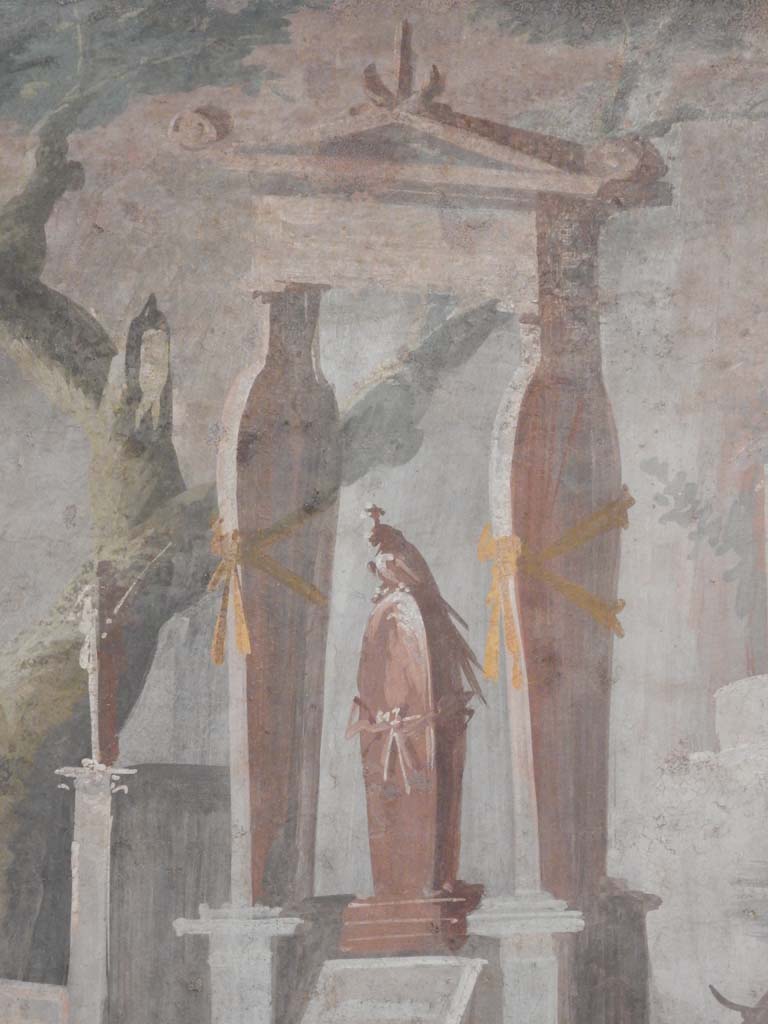 VIII.7.28 Pompeii. June 2019. Detail from painting of the ceremony of mourning and sacrifice for Osiris.
Painted panel from the east end (left) of the south wall of the Ekklesiasterion.
Detail of the sarcophagus of Osiris in the centre. Photo courtesy of Buzz Ferebee. 
Now in Naples Archaeological Museum. Inventory number 8570.