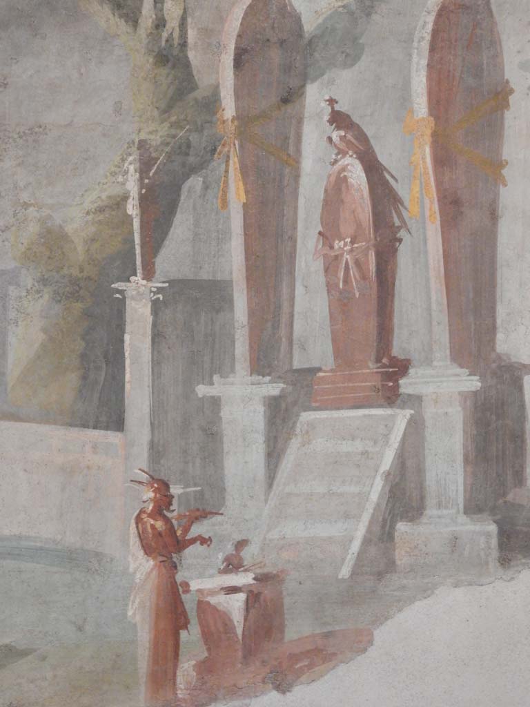 VIII.7.28 Pompeii. June 2019. Detail from painting of the ceremony of mourning and sacrifice for Osiris.
Painted panel from the east end (left) of the south wall of the Ekklesiasterion.
Detail of the offerings being made in front of the sarcophagus of Osiris. Photo courtesy of Buzz Ferebee. 
Now in Naples Archaeological Museum. Inventory number 8570.