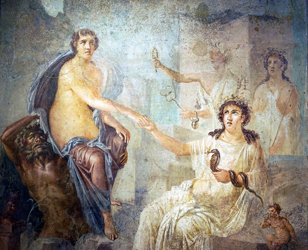 VIII.7.28 Pompeii. December 2019. Detail of Io, Isis and sea deity, at Canopus. 
Found in the centre of the south wall of the Ekklesiasterion in November 1765. 
Now in Naples Archaeological Museum. Inventory number 9558. Photo courtesy of Giuseppe Ciaramella.