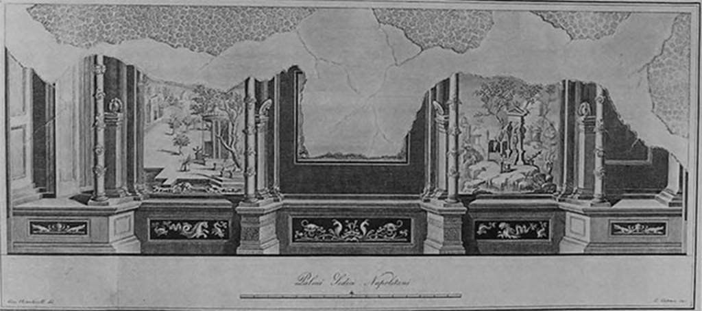 VIII.7.28 Pompeii. Old painting of west wall of Ekklesiasterion (dining area). Not a faithful representation.
According to PPM, it shows the state of the already missing central painting and the correct location of the large view of the left (inv. no. 1265).
The one on the right is incorrect (the sacrifice for Osiris) and should be the one referring to Egyptian cults (inv. no. 8558).