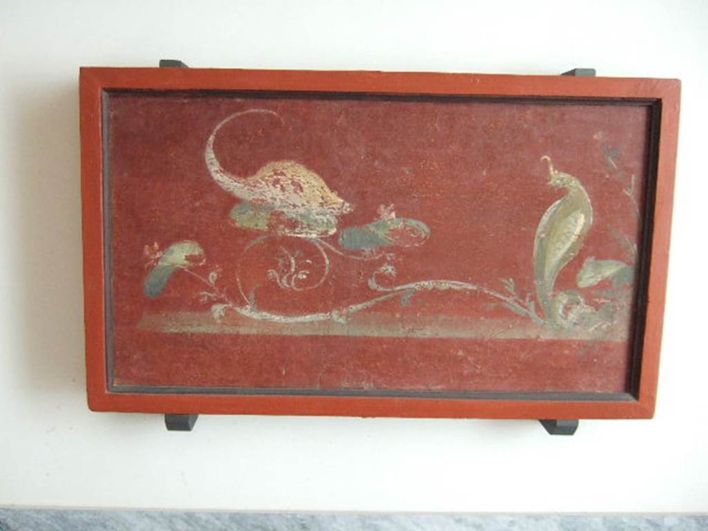 VIII.7.28 Pompeii. Painted panel from zoccolo in centre of west wall, showing a cobra and mongoose. Now in Naples Archaeological Museum. Inventory number s. n. 3.