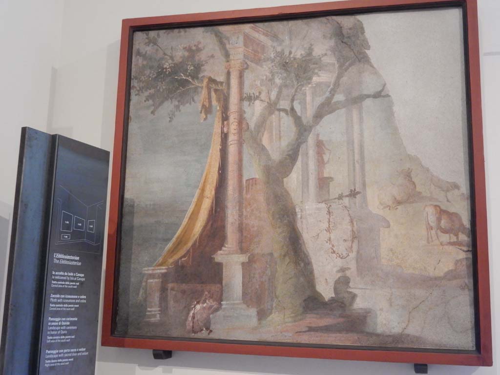 VIII.7.28 Pompeii. June 2019. Landscape with sacred door and velum, found on the right side of the west wall.
Photo courtesy of Buzz Ferebee.