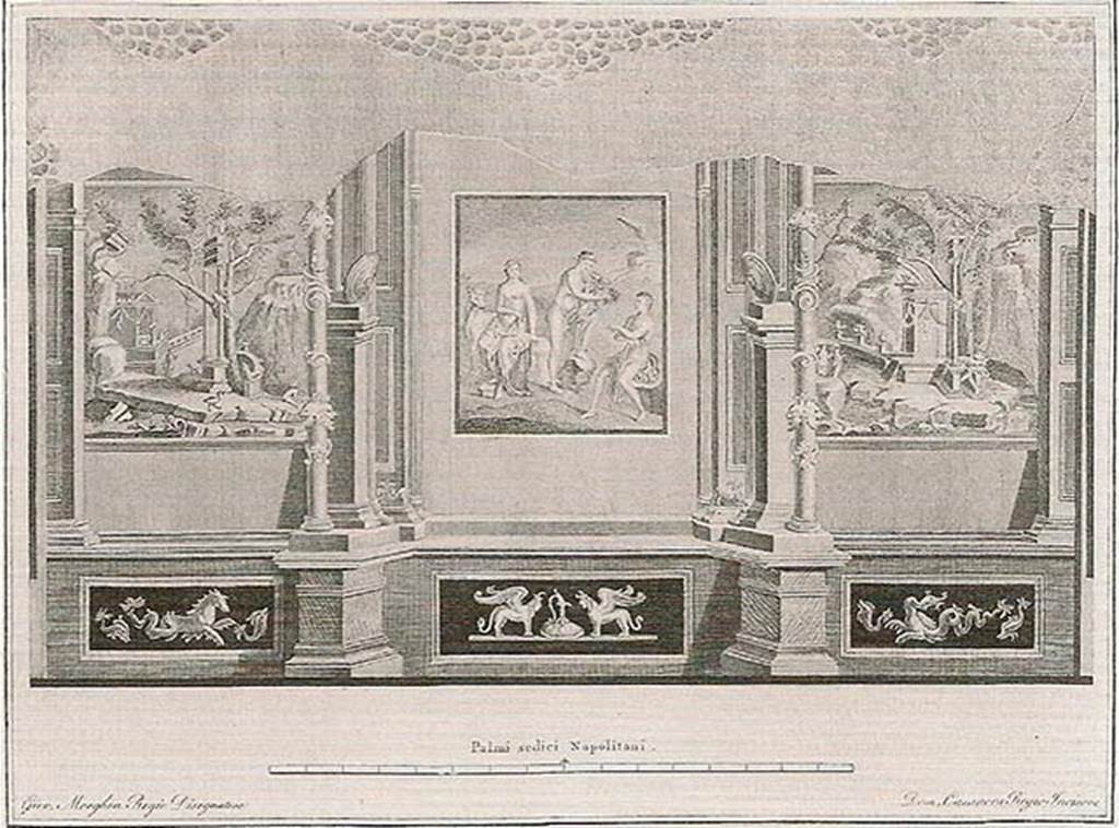 VIII.7.28 Pompeii. Old painting of north wall of the Ekklesiasterion by Giovanni Elia Morghen, engraved by Domenico Casanova. 
In the centre is the painting of Io, Argo and Hermes.
At the sides are views of shrines in rocky landscapes that recall those of Upper Egypt.
According to ICCD this may have been produced for a volume of the Antichità di Ercolano.
The copper plates for this are now in Naples Archaeological Museum. Inventory number 351731.