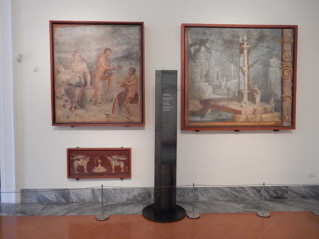VIII.7.28 Pompeii. June 2019. Arrangement of paintings on wall in Museum. Photo courtesy of Buzz Ferebee.