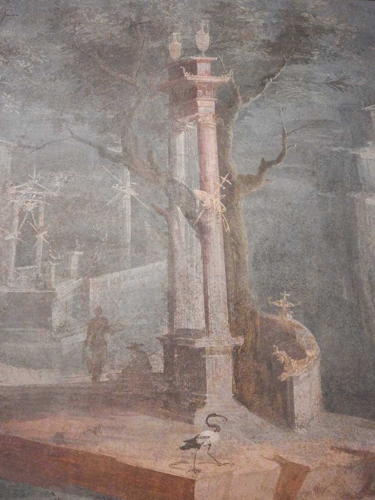 VIII.7.28 Pompeii. June 2019. Detail of temple, statue, fisherman and ibis.
Photo courtesy of Buzz Ferebee.