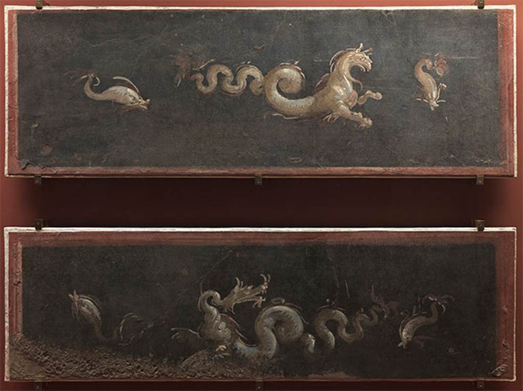 VIII.7.28 Pompeii. Two frescoes from the zoccolo of the walls of the Ekklesiasterion.
A pair of frescoes from the Temple of Isis in Pompeii, originally located on the lower walls of the goddess's devotees meeting room. 
Both with maritime themes, they present central figures-respectively horse and Sea Dragon with snake body-flanked by two dolphins.
Now in the Museu Nacional/UFRJ Brazil. 
Following the disastrous fire at the Museum on 3rd September 2018 these may have been destroyed.
Par de afrescos provenientes do Templo de Isis, em Pompeia, localizados originalmente nas paredes inferiores da sala de reunião dos devotos da deusa. 
Ambos com temas marítimos , apresentam figuras centrais - respectivamente cavalo e dragão marinhos com corpo de serpente - ladeadas por dois golfinhos.
See http://www.museunacional.ufrj.br/dir/exposicoes/arqueologia/culturas-mediterraneo/arqcmed016.html