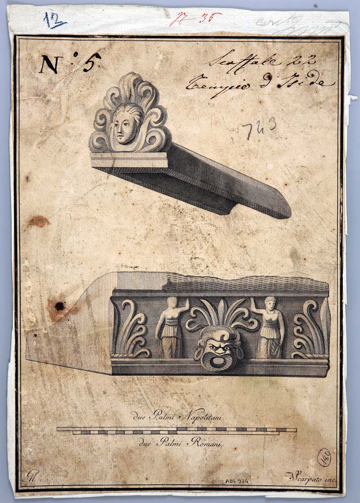 VIII.7.28 Pompeii. Drawing by Giovanni Elia Morghen of antefixes from temple. 
Now in Naples Archaeological Museum. Inventory number ADS 934.
Photo © ICCD. http://www.catalogo.beniculturali.it
Utilizzabili alle condizioni della licenza Attribuzione - Non commerciale - Condividi allo stesso modo 2.5 Italia (CC BY-NC-SA 2.5 IT)