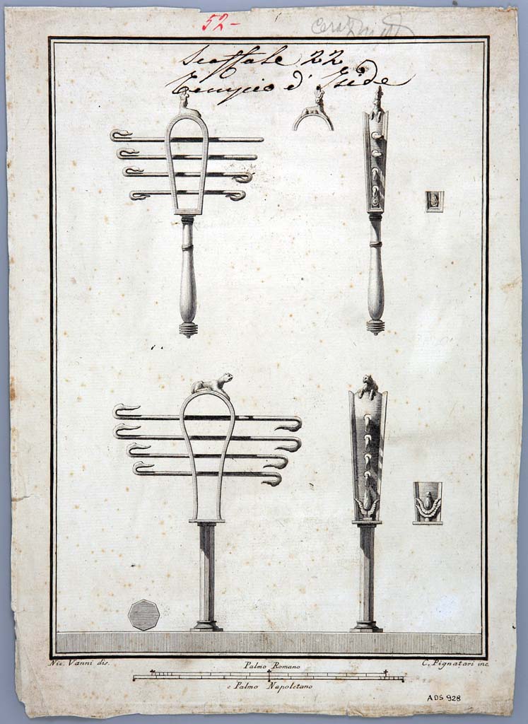 VIII.7.28 Pompeii. Drawing by Nicola Vanni of two sistrum from temple.
Now in Naples Archaeological Museum. Inventory number ADS 928.
Photo © ICCD. http://www.catalogo.beniculturali.it
Utilizzabili alle condizioni della licenza Attribuzione - Non commerciale - Condividi allo stesso modo 2.5 Italia (CC BY-NC-SA 2.5 IT)