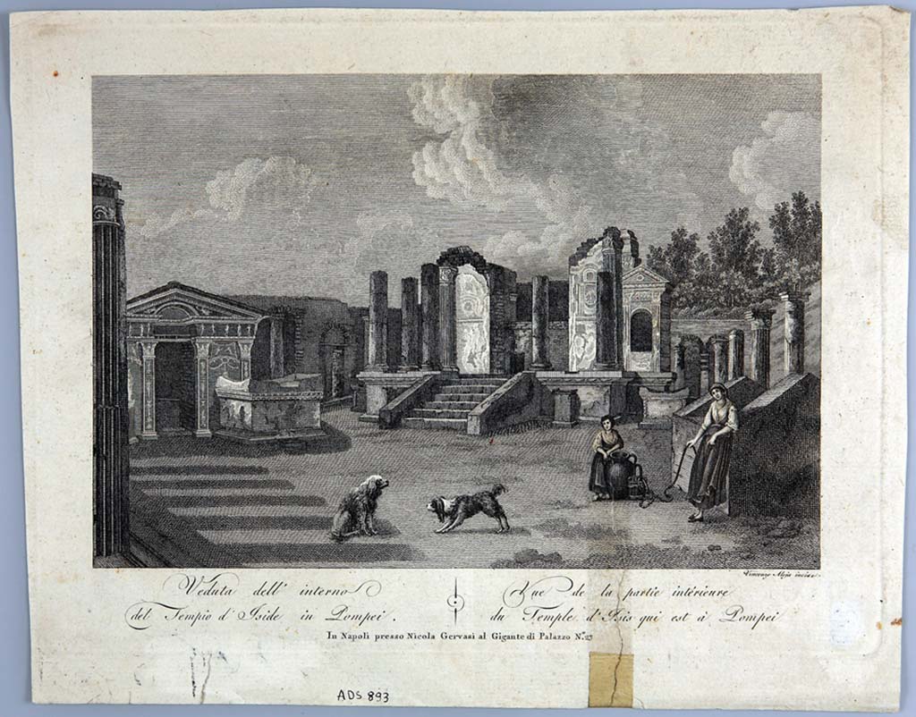 VIII.7.28 Pompeii. Between 1840 and 1860? Engraving by Vincenzo Aloja of view of temple area showing the pit. 
The pit is enclosed by four walls with pitched roof ends.
Now in Naples Archaeological Museum. Inventory number ADS 893.
Photo © ICCD. https://www.catalogo.beniculturali.it
Utilizzabili alle condizioni della licenza Attribuzione - Non commerciale - Condividi allo stesso modo 2.5 Italia (CC BY-NC-SA 2.5 IT)
