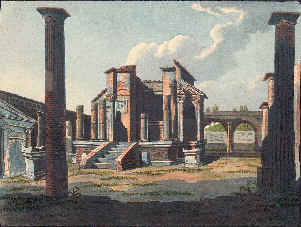 VIII.7.28 Pompeii. Pre-1824 aquatint by Jakob Wilhelm Huber, “Temple d’Isis”.
See Huber, J. W., 1824. Vues pittoresques des ruines les plus remarquables de l’ancienne ville de Pompei.