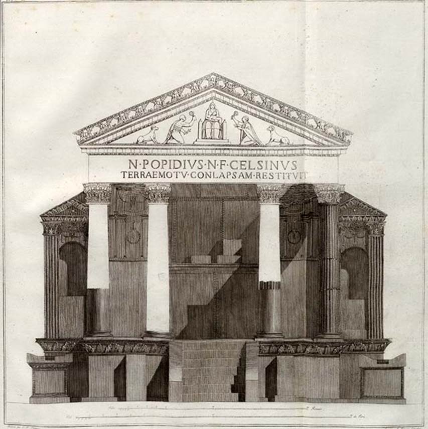 VIII.7.28 Pompeii. 1804 drawing by Piranesi of temple front view, showing a reconstruction of the portico. 
At the top of the pediment are moulded reliefs of the winged figures holding shields and armour.
See Piranesi, F, 1804. Antiquites de la Grande Grece: Tome II. Paris: Piranesi and Le Blanc, pl. LXIX.