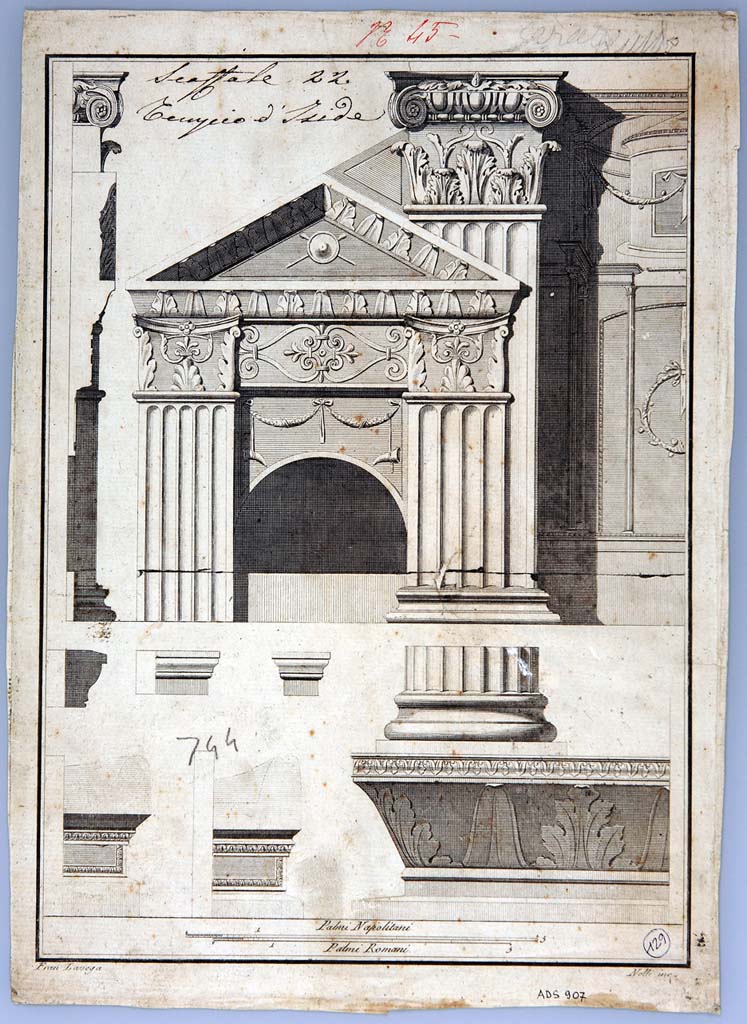 VIII.7.28 Pompeii. Engraving by Francesco La Vega of temple architecture including the front left side alcove. 
Now in Naples Archaeological Museum. Inventory number ADS 907.
Photo © ICCD. http://www.catalogo.beniculturali.it
Utilizzabili alle condizioni della licenza Attribuzione - Non commerciale - Condividi allo stesso modo 2.5 Italia (CC BY-NC-SA 2.5 IT)