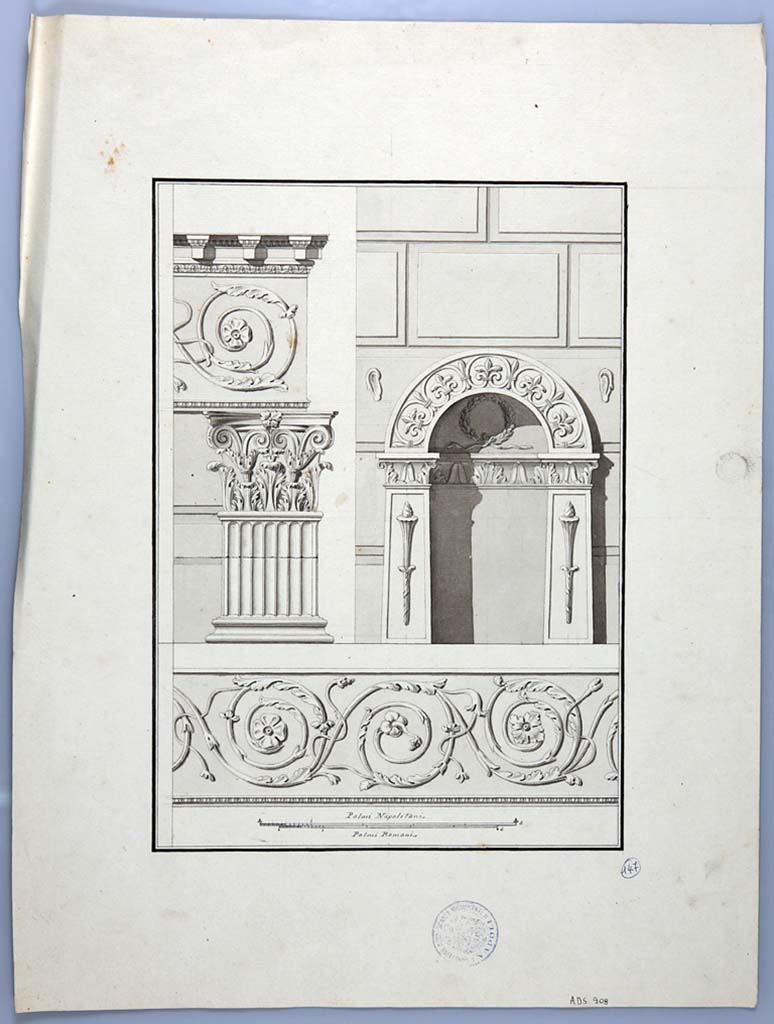 VIII.7.28 Pompeii. Drawing by Francesco La Vega, of the decorative elements from the rear of the Temple.
On the right is the niche of Bacchus.
At one time this was edged with two ears at the top of the niche, and two torches at the sides in the decorative stucco work.
Now in Naples Archaeological Museum. Inventory number ADS 908.
Photo © ICCD. http://www.catalogo.beniculturali.it
Utilizzabili alle condizioni della licenza Attribuzione - Non commerciale - Condividi allo stesso modo 2.5 Italia (CC BY-NC-SA 2.5 IT)
