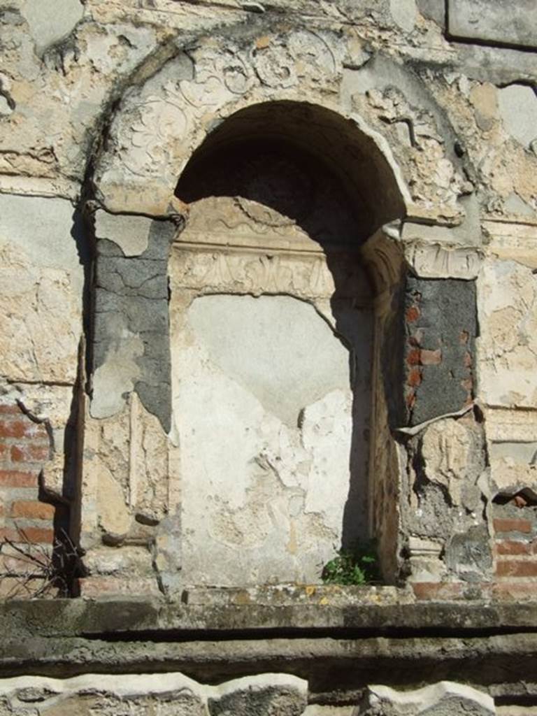 VIII.7.28 Pompeii.  March 2009. Niche on West rear wall of Temple Cella.  
Niche which contained the statue of Bacchus (Dionysus) with his panther.
