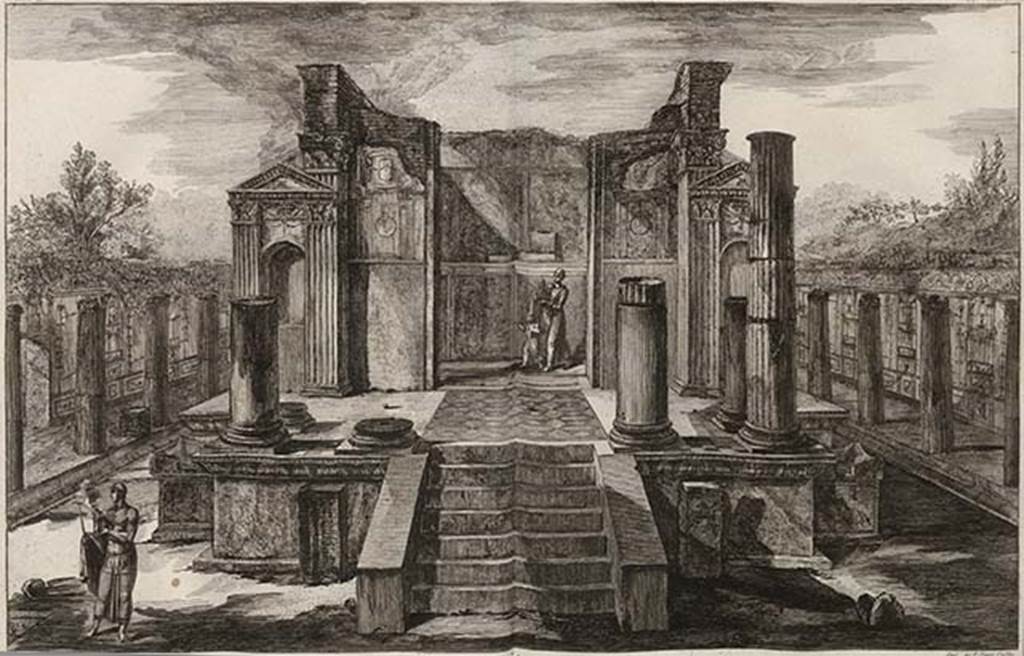 VIII.7.28 Pompeii. 1804 drawing by Piranesi of temple front view, showing also the portico mosaic. 
See Piranesi, F, 1804. Antiquites de la Grande Grece: Tome II. Paris: Piranesi and Le Blanc, pl. LXVI.