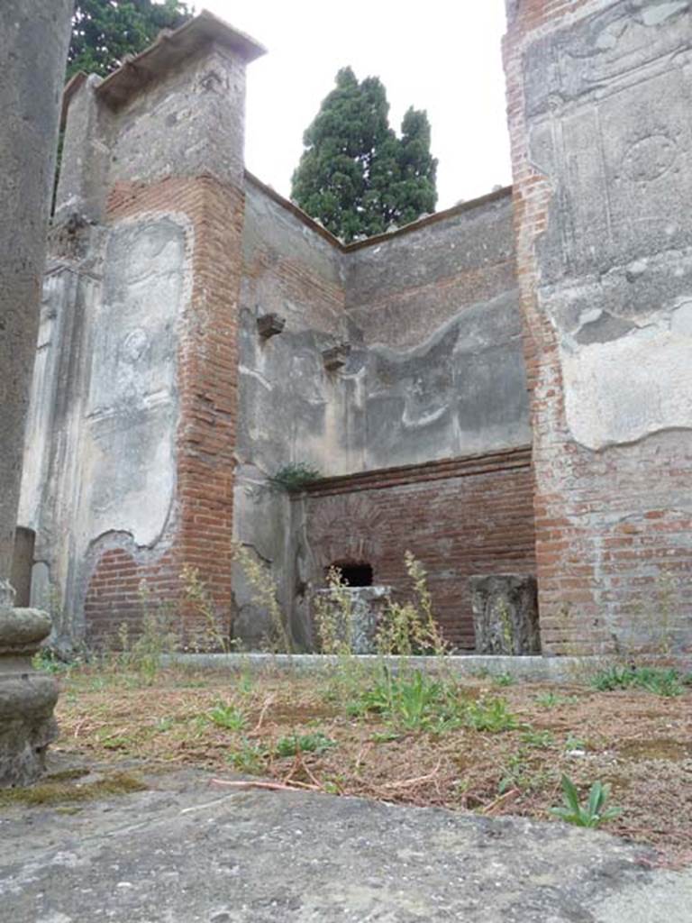 VIII.7.28 Pompeii. September 2015. Looking towards south-west side of cella from portico. 
According to Mau, a base of masonry about six feet high extended across the rear of the cella, on which there were two pedestals of tufa, for the statues of Isis and Osiris.
See Mau, A., 1907, translated by Kelsey F. W. Pompeii: Its Life and Art. New York: Macmillan. (p.172).