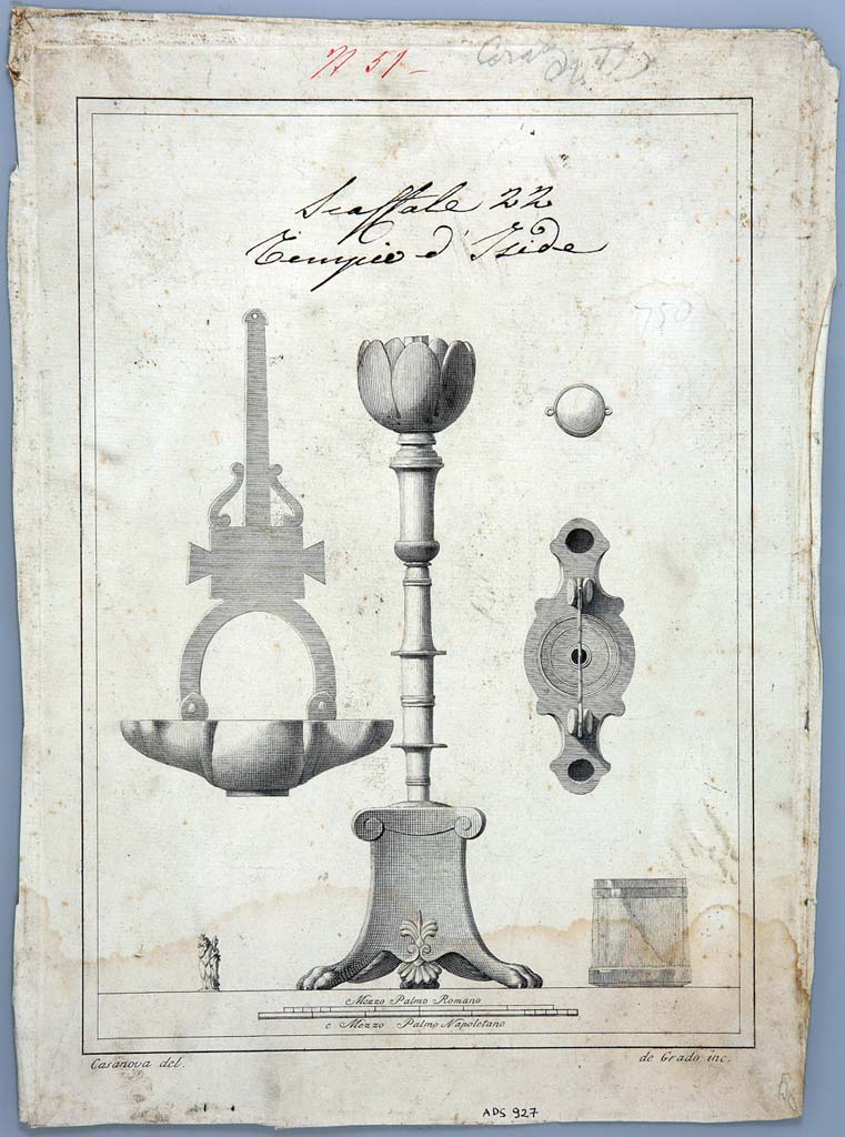 VIII.7.28 Pompeii. Drawing by Giovanni Battista Casanova of various items including lamps and candelabra from temple. 
Now in Naples Archaeological Museum. Inventory number ADS 927.
Photo © ICCD. http://www.catalogo.beniculturali.it
Utilizzabili alle condizioni della licenza Attribuzione - Non commerciale - Condividi allo stesso modo 2.5 Italia (CC BY-NC-SA 2.5 IT)