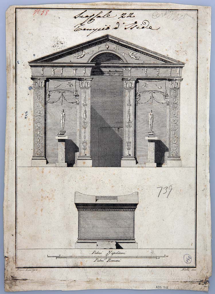 VIII.7.28 Pompeii. Engraving by Francesco La Vega of purgatorium front and altar. 
Now in Naples Archaeological Museum. Inventory number ADS 912.
Photo © ICCD. http://www.catalogo.beniculturali.it
Utilizzabili alle condizioni della licenza Attribuzione - Non commerciale - Condividi allo stesso modo 2.5 Italia (CC BY-NC-SA 2.5 IT)
