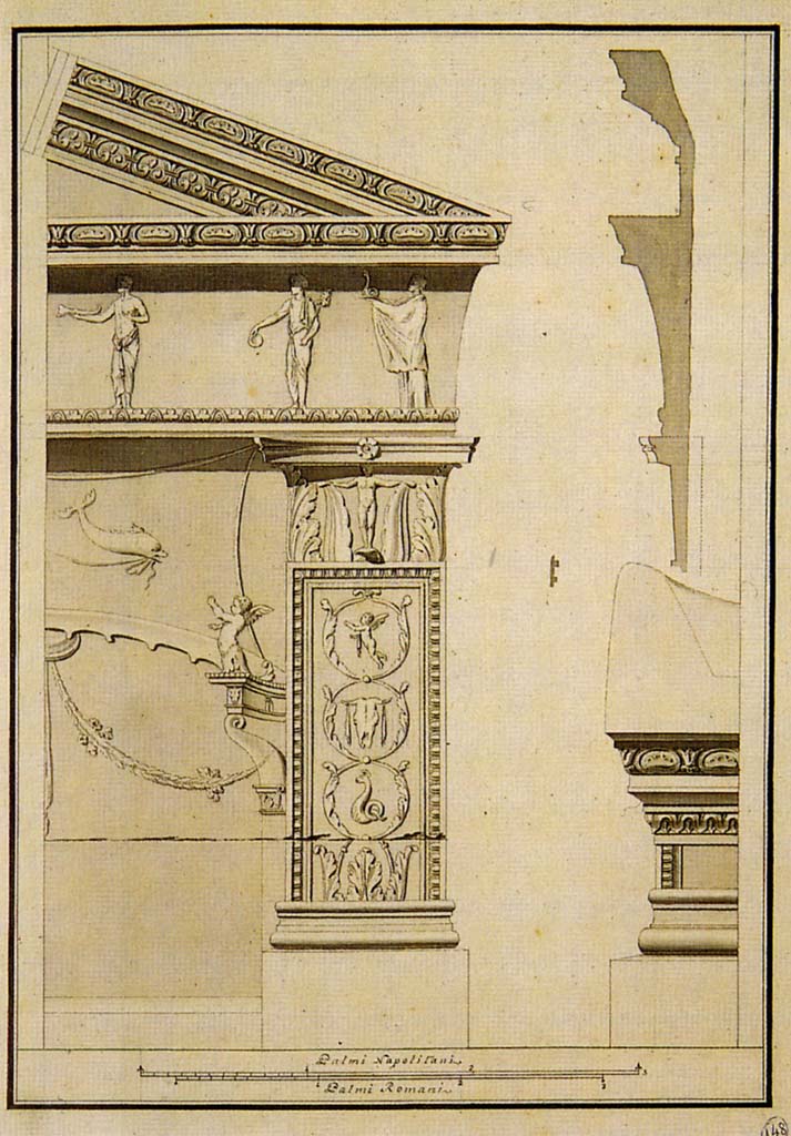 VIII.7.28 Pompeii. Engraving by Francesco La Vega of stucco detail of purgatorium upper right front part. 
Now in Naples Archaeological Museum. Inventory number ADS 913.
Photo © ICCD. http://www.catalogo.beniculturali.it
Utilizzabili alle condizioni della licenza Attribuzione - Non commerciale - Condividi allo stesso modo 2.5 Italia (CC BY-NC-SA 2.5 IT)