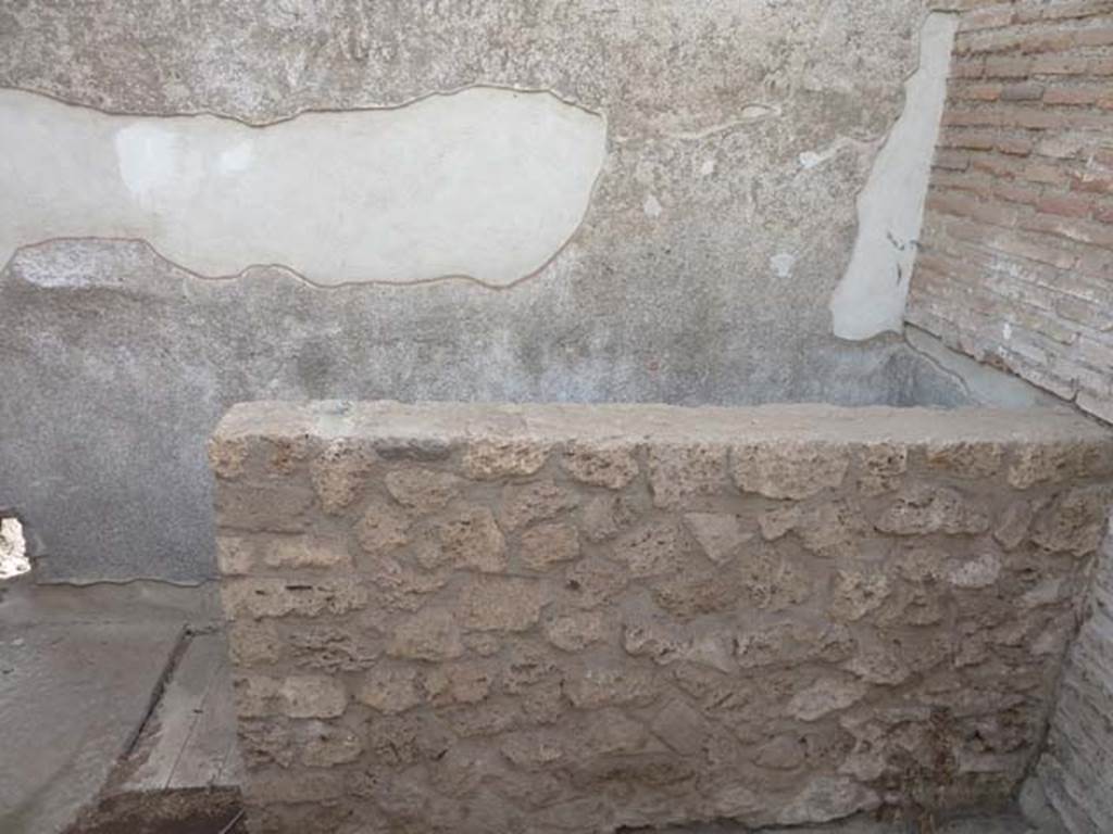 VIII.7.28 Pompeii. September 2015. Looking towards the south-west corner, and the flight of stairs leading down to the west (right) to an underground vaulted chamber, about five feet wide and six and a half feet long. According to Mau, a low base in one of the corners of the underground room, would have held a jar while it was being filled with the holy Nile water, more or less genuine, which would have been used in the sacred rites.
See Mau, A., 1907, translated by Kelsey F. W. Pompeii: Its Life and Art. New York: Macmillan. (p.179).