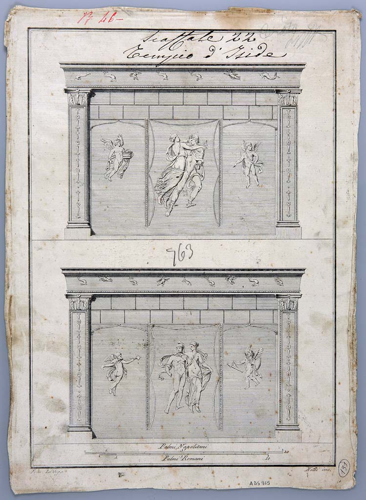 VIII.7.28 Pompeii. Drawing by Francesco La Vega of Purgatorium, east and west sides showing detail of stucco. 
The upper part shows the west side with Perseus and Andromeda in the centre and with a cupid in both of the side panels.
The lower part shows the east side with Mars and Venus in the centre, with a cupid in both of the side panels.
Now in Naples Archaeological Museum. Inventory number ADS 915.
Photo © ICCD. http://www.catalogo.beniculturali.it
Utilizzabili alle condizioni della licenza Attribuzione - Non commerciale - Condividi allo stesso modo 2.5 Italia (CC BY-NC-SA 2.5 IT)