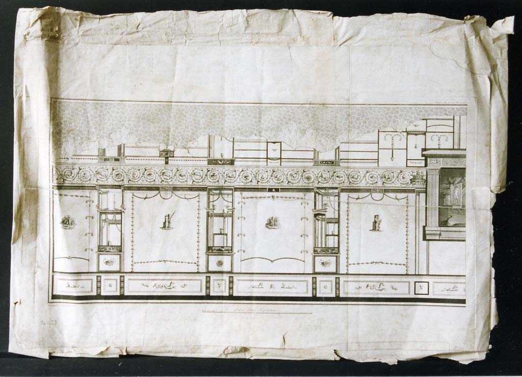 VIII.7.28 Pompeii. 18th century painting of north end of east portico wall by Giovanni Battista Casanova. 
Now in Naples Archaeological Museum. Inventory number 394945.
Photo © ICCD. http://www.catalogo.beniculturali.it
Utilizzabili alle condizioni della licenza Attribuzione - Non commerciale - Condividi allo stesso modo 2.5 Italia (CC BY-NC-SA 2.5 IT)
