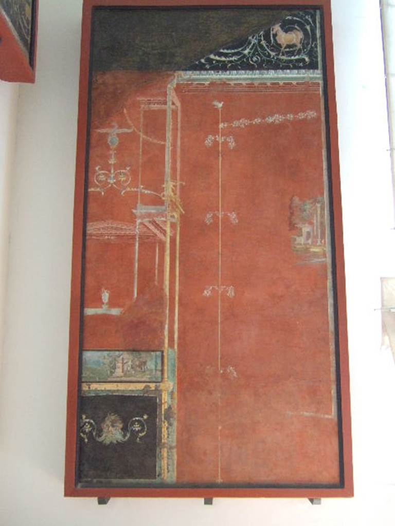 VIII.7.28 Pompeii.  Panel with landscape and architecture. Found in central feature of south wall.  Now in Naples Archaeological Museum.