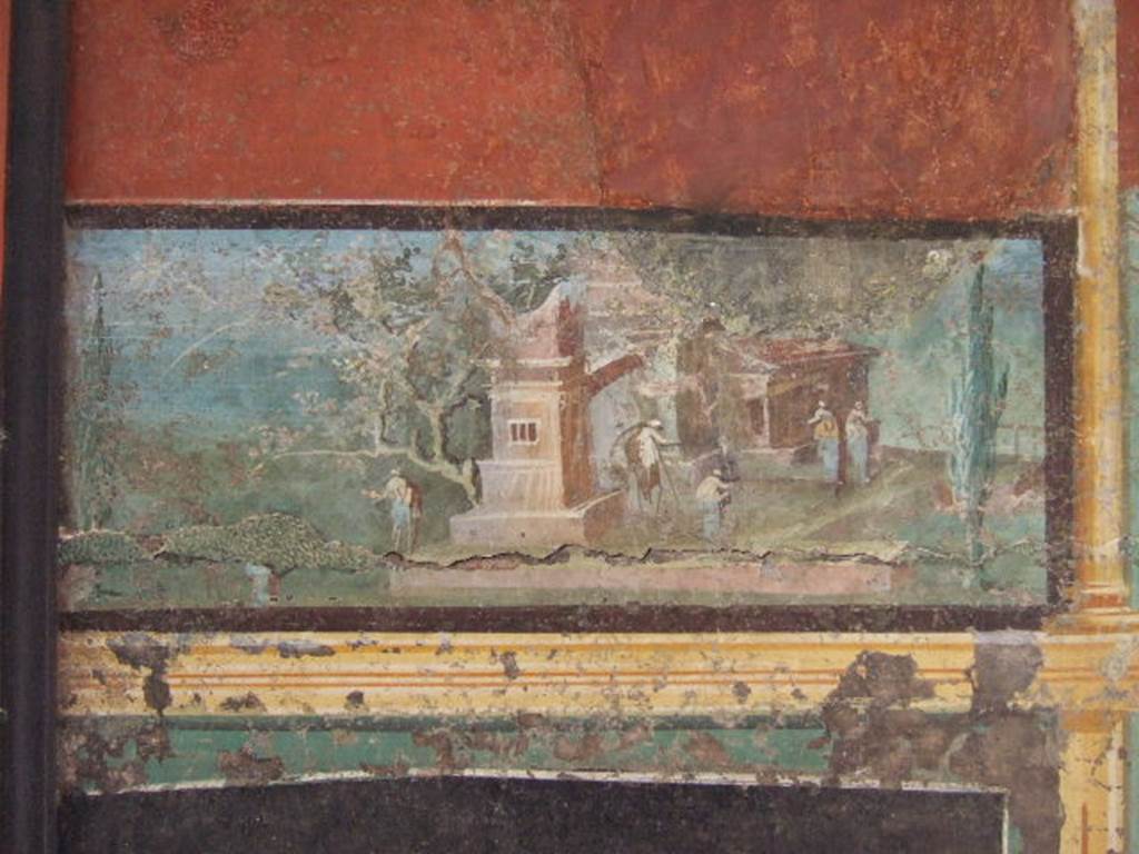 VIII.7.28 Pompeii.  Detail of landscape from panel with landscape and architecture. Found in central feature of south wall.  Now in Naples Archaeological Museum.