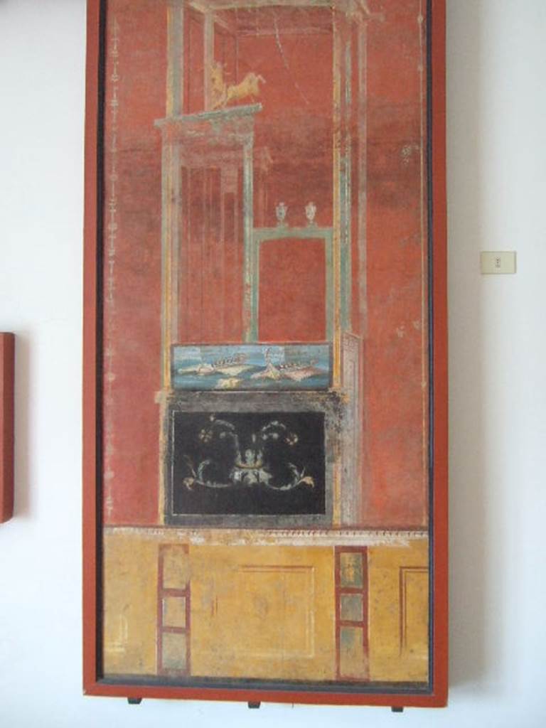 VIII.7.28 Pompeii.  Architectural painting with naval scene. From panel found in feature in right part of south wall.  Now in Naples Archaeological Museum.