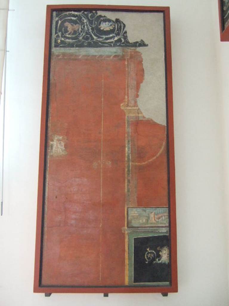 VIII.7.28 Pompeii.  Architectural painting with landscape.From panel found in feature in centre of south wall.  Now in Naples Archaeological Museum.