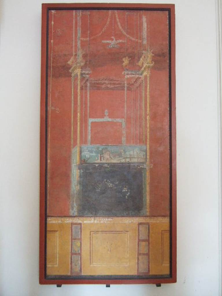 VIII.7.28 Pompeii.  Painted panel with architecture with a landscape scene.
Now in Naples Archaeological Museum.