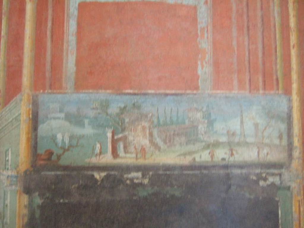 VIII.7.28 Pompeii. West part of south portico. Detail of landscape scene. 
Now in Naples Archaeological Museum. Inventory number 8528.