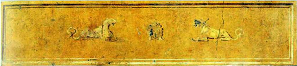VIII.7.28 Pompeii. Zoccolo of south portico. Painting of gorgoneion between lionesses. 
Now in Naples Archaeological Museum. Inventory number 8547.