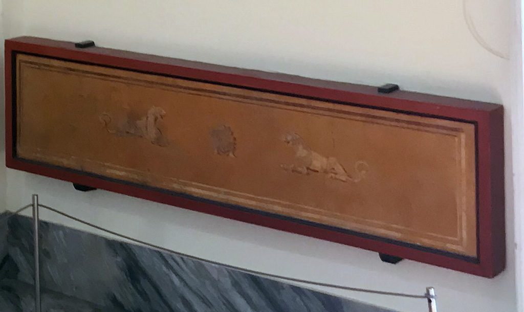VIII.7.28 Pompeii.  April 2019. Zoccolo from centre of south portico. Painting of gorgoneion between lionesses. 
Now in Naples Archaeological Museum. Inventory number 8547.
Photo courtesy of Rick Bauer.