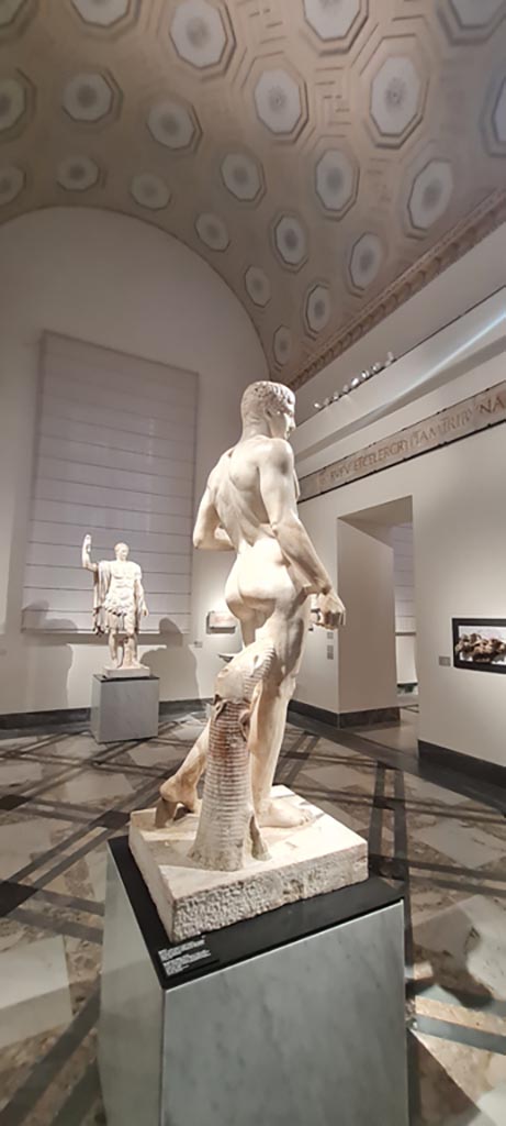 VIII.7.29 Pompeii. April 2023. 
Rear of marble statue of Doryphorus (spear carrier) on display in “Campania Romana” gallery
Now in Naples Archaeological Museum. Inventory number 6011.
Photo courtesy of Giuseppe Ciaramella.