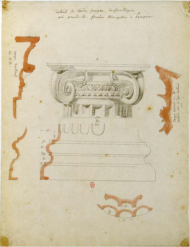 VIII.7.30 Pompeii. 1848? Sketch of detail of Ionic capital in the Triangular Forum. 
See Plantar, Jean-Baptiste (1790-1879) Album de dessins d'architecture et d'art décoratif, p. 23 of 73.
INHA Identifiant numérique : NUM MS 675. See Book on INHA 
Document placé sous « Licence Ouverte / Open Licence » Etalab
