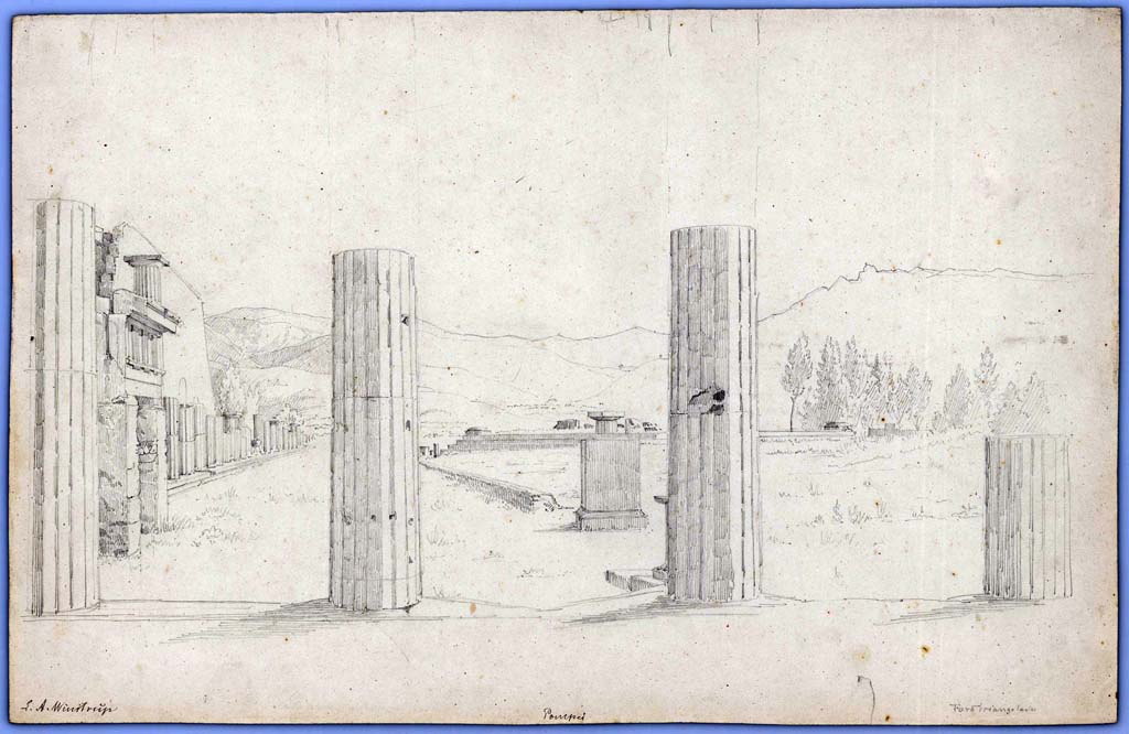 VIII.7.30 Pompeii. 1849. Drawing by Laurits Albert Winstrup. Triangular Forum, looking south. 
Photo © Danmarks Kunstbibliotek, inventory number ark_6093.