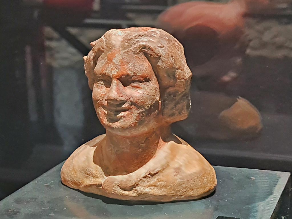 VIII.7.31 Pompeii. Doric Temple. Photo courtesy of Giuseppe Ciaramella.
Bust of young satyr, Terracotta, First half of Ist century BC. (Busto di giovane satiro, Terracotta, prima meta I sec. a.C.) 
On display in exhibition in Palaestra entitled – “L’altra Pompei, vite comuni all’ombra del Vesuvio”. March 2024.