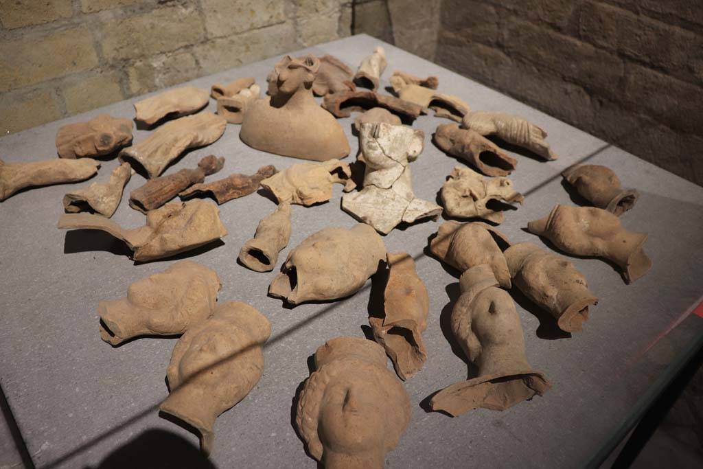 VIII.7.31 Pompeii. February 2021. Display of terracotta ex-votos of female heads, on display in Antiquarium. 
Photo courtesy of Fabien Bièvre-Perrin (CC BY-NC-SA).