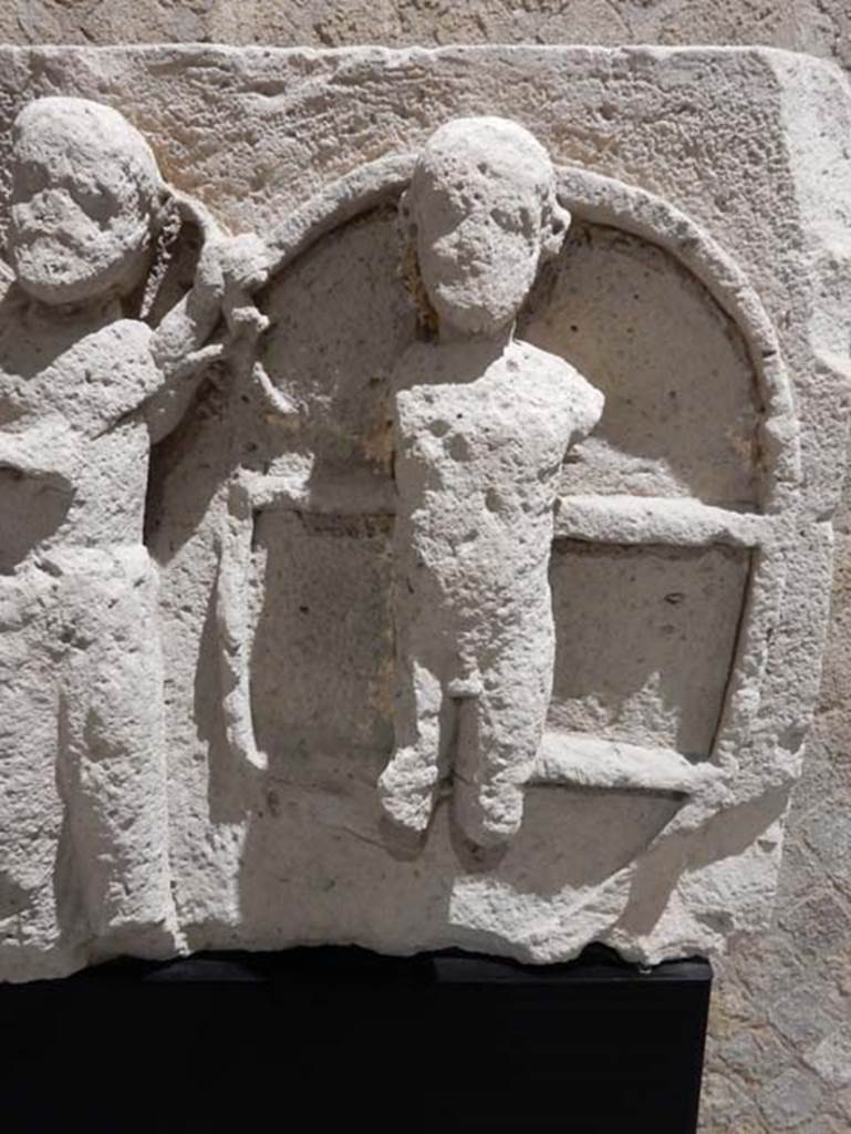 VIII.7.31 Pompeii, May 2018. Detail of half-naked figure, Ixion on the wheel.
Photo courtesy of Buzz Ferebee.